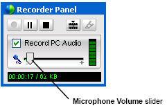 To turn audio recording on or off: 1 Start WebEx Recorder, and then start recording. 2 On the Recorder Panel, do the following: - To turn audio recording on, select the Record PC Audio check box.