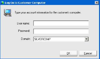 To log on to a customer's computer as a different user: 1 Do one of the following: - On the CSR dashboard, under Customer Information, click the Log On as Different User button.