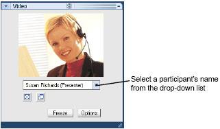 2 In the drop-down list on the Video panel, select a participant's name. 3 The participant's video camera begins sending live video.