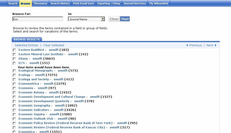 The screenshot below shows the list of browsed terms available for Eco in the Journal Name field.