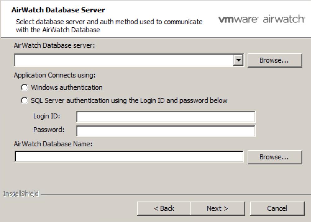 Select Browse next to the Database server text box and select your Workspace ONE UEM database from the list of options. If you are using a custom port, do not select Browse.
