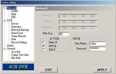 System Config > Network Press the button to enter the System Config. The network configuration allows the DVR to connect to an Ethernet or dial-up network.