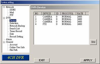 After setting, press OK and then press APPLY to confirm. System Config > Device Select the desired channel of the installed external device. Press Edit to enter the setting box.