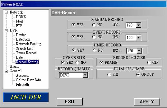 System Config > DVR > Record Setting In this menu, you can set DVR record settings. MANUAL RECORD: Specify whether to use manual recording (YES / ON) and set IPS number.