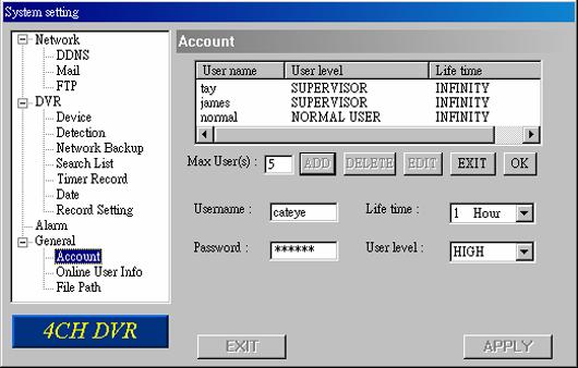 System Config > General > Account Set up the user s account (Max 5 accounts), password, life time, and authority level (Max 5 users on line at the same time).