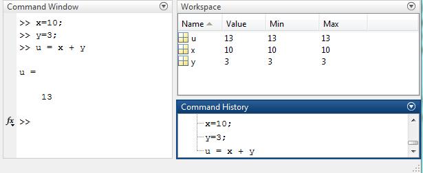 The output of the calculation appears in the Command Window. The semi-colon (;) suppresses output to the Command Window. The Workspace Window shows the names and values of the Variables.