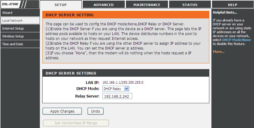set to DHCP Relay, the router acts a surrogate DHCP Server and relays the DHCP requests and responses between