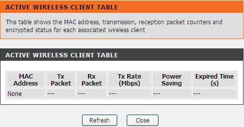 Click the button Show Active Clients to view the MAC address, transmission, reception packet counters and encrypted status for each associated wireless client.