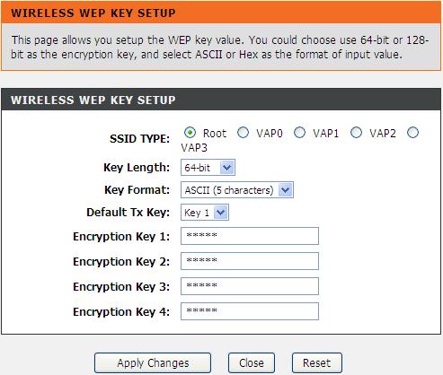 The following describes the parameters of this page: Key Length Key Format Default Tx Key Encryption Key 1 to 4 Choose the WEP key length. You can Choose 64-bit or 128-bit.