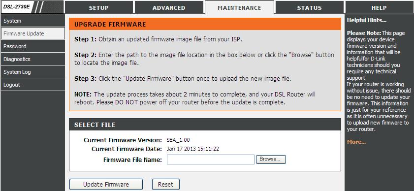 3.4.2 Firmware Update Choose Maintenance > Firmware Update. The page shown in the following figure appears.