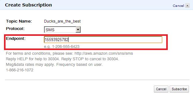 Amazon Simple Notification Service (SNS) For this workshop I m going to use my cell phone number This is important, you must include the