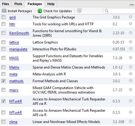 How to install MTurkR In order to turn a package on in RStudio you have to click the check box