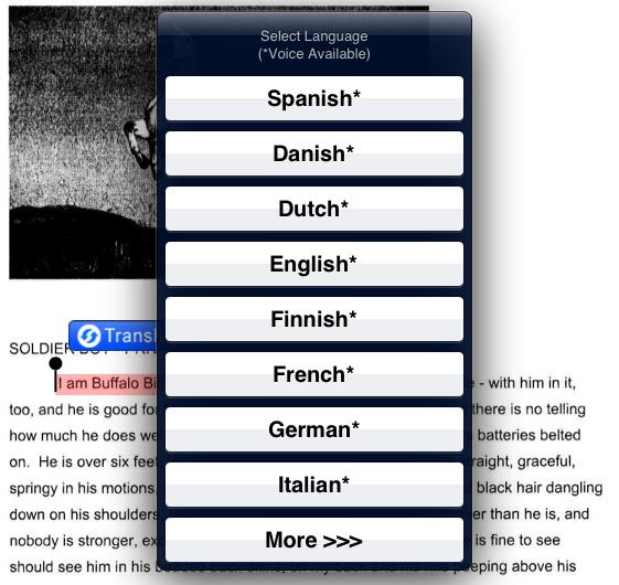 2. Tap the Translate button. A list of languages is displayed. (Voice availability is indicated by an asterisk.