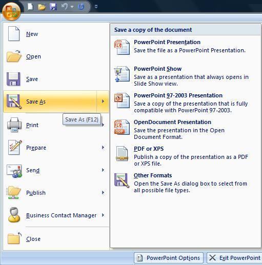 Saving a Presentation PowerPoint 2007/2010 has a different extension than previous versions of PowerPoint. The new file names will have the extension.pptx,
