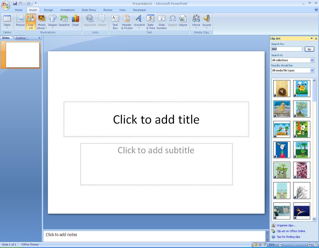 Changing a Slide Presentation Adding Clip Art 1. Click the Insert tab 2. Click from the Illustrations group 3. A task pane appears. Type a keyword in the box under Search for 4.