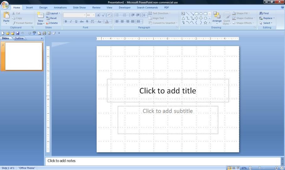 Starting from Scratch This is the default PowerPoint screen. The default layout is title slide.