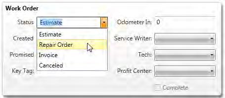 TRACS Enterprise Manual 2. Click Yes to save the work order. Change Estimate Status to Repair Order and Save 1.