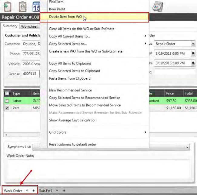 TRACS Enterprise Manual 4. Right click the item on the work order and select Delete Item from WO from the pop-up menu to delete the item you copied to the sub estimate. 5.