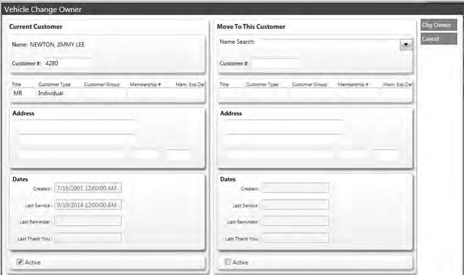TRACS Enterprise Manual 5. Start typing the new owner's name in the Name Search drop down or enter the customer number in the Customer # field. 6. Click the ChgOwner button.