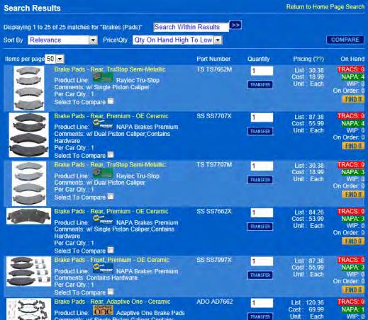 Chapter 10 NAPA PROLink Catalog Parts Inventory Once you complete your search for a part, the PROLink screen displays a listing of results.