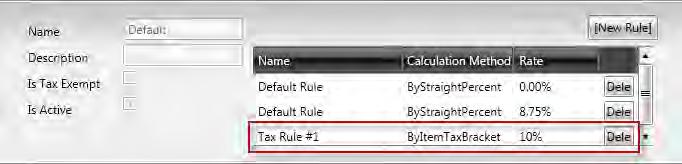 TRACS Enterprise Manual Sample Tax by Brackets The tax rule you created is added to the list. Deleting an Existing Tax Class 1. Click the [X] button next to the row to delete it from the list.