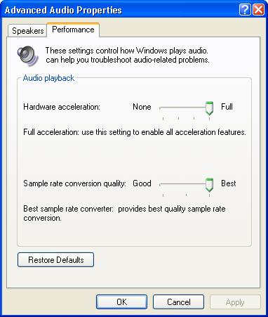 Configuring the Forum IPhone PC Characteristics 2. In the Sound playback section, click on Advanced, then select the Performance tab.