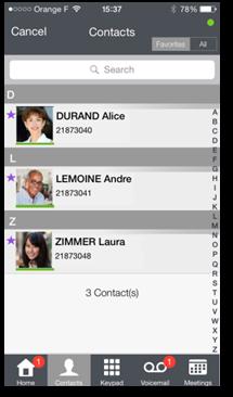 Favorites give you faster access to your preferred contacts. A favorite contact is indicated by an asterisk. 2. To display all your contacts or just your favorites, select the corresponding filter. 3.