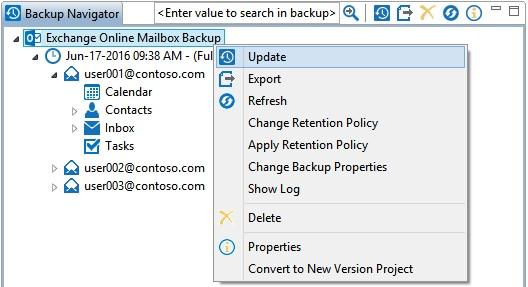 Update an Existing Office 365 Mailbox Backup To create an update to an existing Office 365 Mailbox backup project, please follow these steps. 1.