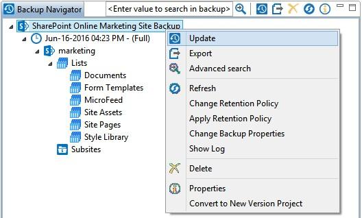 SharePoint Online Update Backup 2. On the Update Backup dialog, select from the available options for either a Full, Incremental or Differential update. 3. Click Finish to begin.