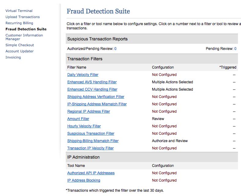 Fraud Detection Suite Settings When a suspicious transaction is detected, one of the following actions is applied depending on the configuration: 1. Accept 2. Authorize and Hold 3.