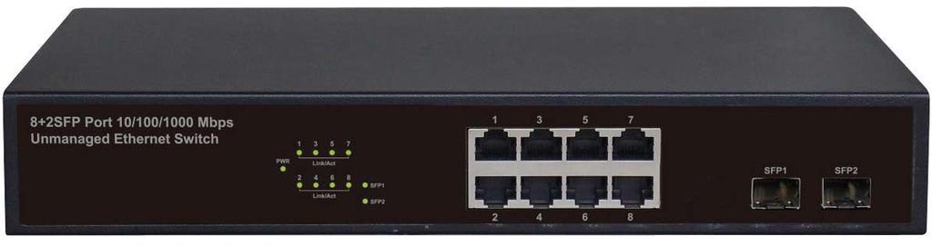 Chapter 2 External Component Description 2.1 Front Panel The front panel of the Switch consists of series of LED indicators, 8 10/100/1000Mbps RJ-45 ports and 2 SFP ports a shown as below.
