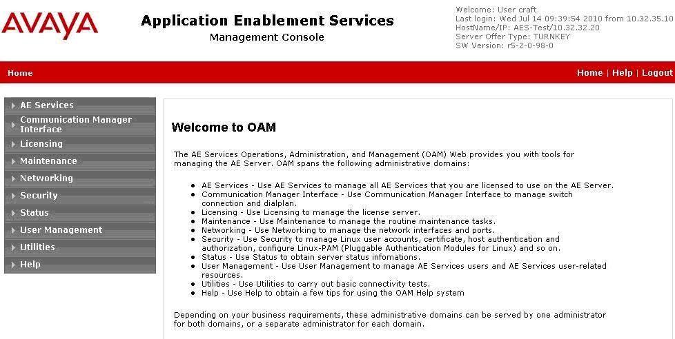of the Application Enablement Services server.