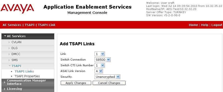 The Link field is only local to the Application Enablement Services server, and may be set to any available number.