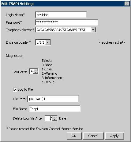 The Edit TSAPI Settings screen is displayed. Enter the following values for the specified fields, and retain the default values for the remaining fields.