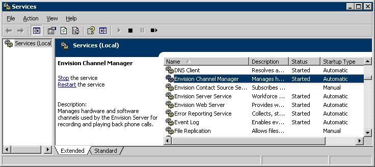 6.11. Restart Services From the Envision server, select Start > All Programs > Administrative Tools > Services to display the Services (Local) screen.