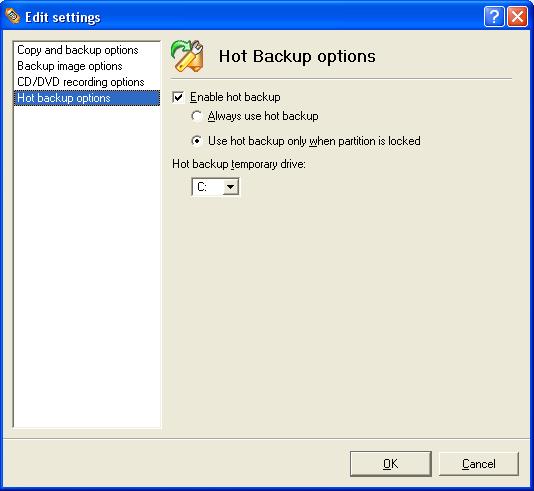 This section contains a set of options that will be taken into account in case the Hot Backup mode is enabled.