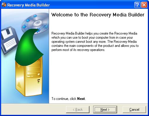 To start the Recovery Media Wizard the user needs to select the Recovery Media Builder item of the Wizards menu on the Common Tasks bar. Then the Welcome page of the wizard is displayed.