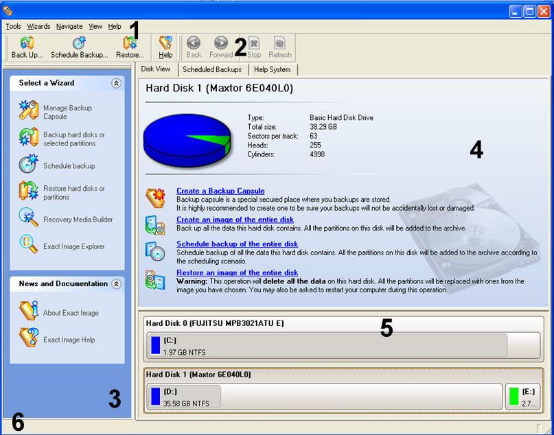 1. Main Menu 2. Tool Bar 3. Common Tasks Bar 4. Explorer Bar 5. Disk Map 6. Status Bar Some of the panels have similar functionality with a synchronized layout.