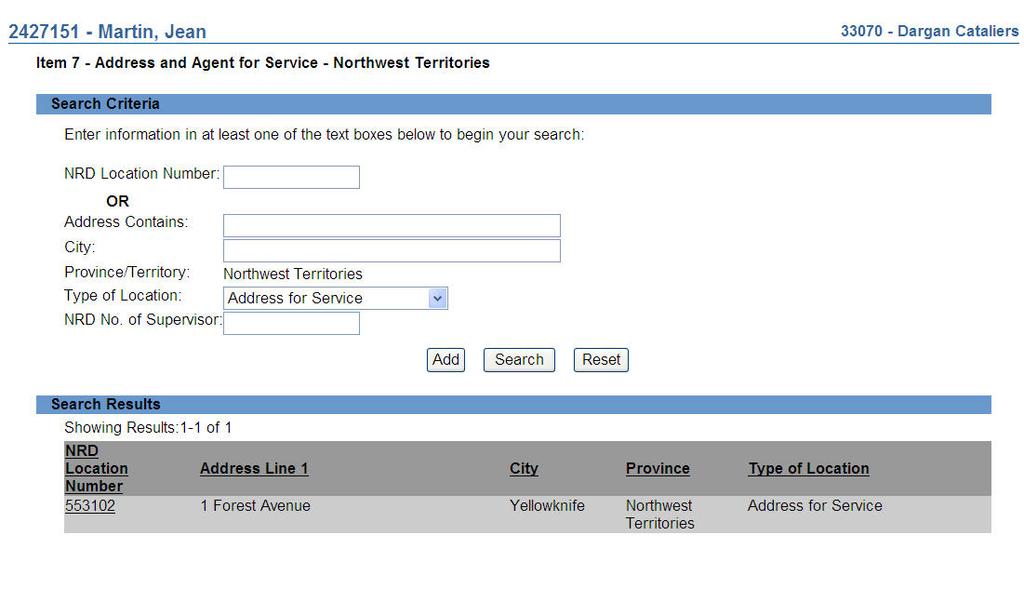 18. The system displays the search results. Select the location for the individual s Address for Service by clicking on the NRD location number hyperlink. 19.