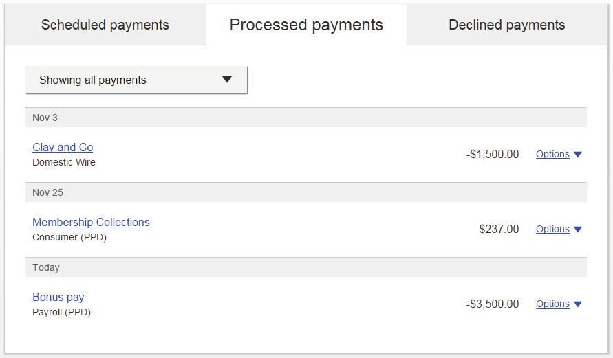 Payment Activity (con t) Processed payments Unlimited history. Payments show here when processed. Option to Copy Payment allows members to resend.