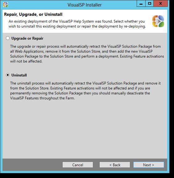 4. On the Repair, Upgrade, or Uninstall screen, select Uninstall and click Next. 5.