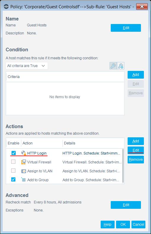 4. In the Actions area, select the HTTP Login