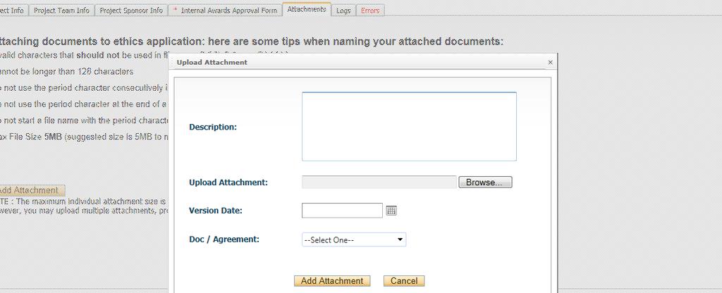 Adding an Attachment (Cont.) Select date by clicking on calendar icon next to Version Date field.