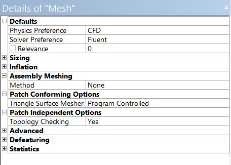 Mesh In Mesh Tree select Mesh than Window Details of Mesh appear Check the Physics Preference it should be automatically set to CFD Solver preferences for Fluid