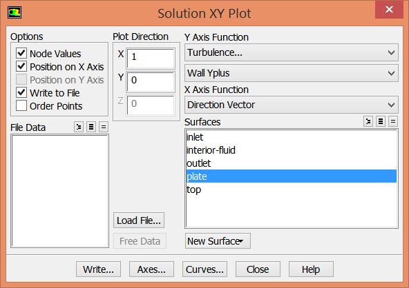 Fluent Y+ Save calculated Y+ profile to the file y_30x100_ke_s.xy Plot and write to the file heat_30x100_ke_s.