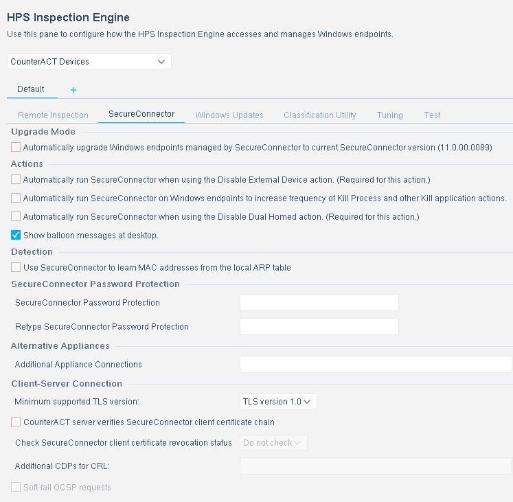 The following SecureConnector configuration and deployment options are set from the SecureConnector tab of HPS Inspection Engine configuration screen.