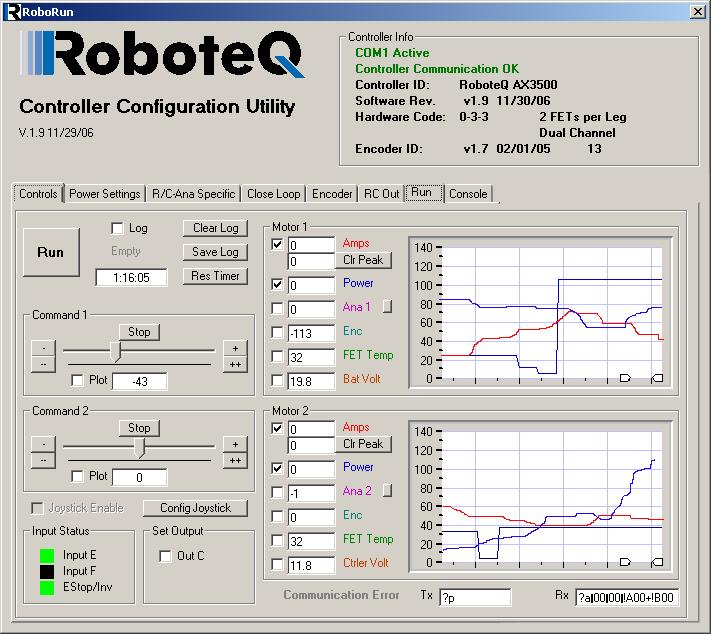 AX500 Quick Start Checking and Changing Configurations Any one of the parameters listed in Table 1, and others not listed, can easily be changed either using the Roboteq Configuration Utility.