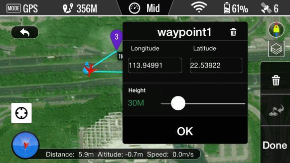 (2) To achieve the optimal video transmission quality, the aircraft is set to operate within a 500m-radius area from Home point. Tap on a waypoint to open a waypoint properties window.
