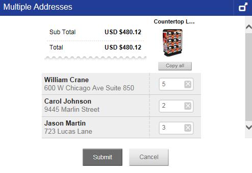 Click the Upload Addresses button and select your address file. A Multiple Addresses window displays, allowing you to determine how many of each item should be shipped to each location.