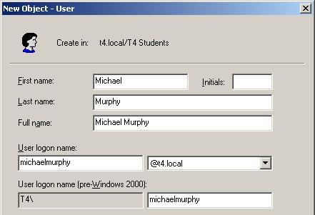 Right-click the T4 Students OU and choose New and User Type